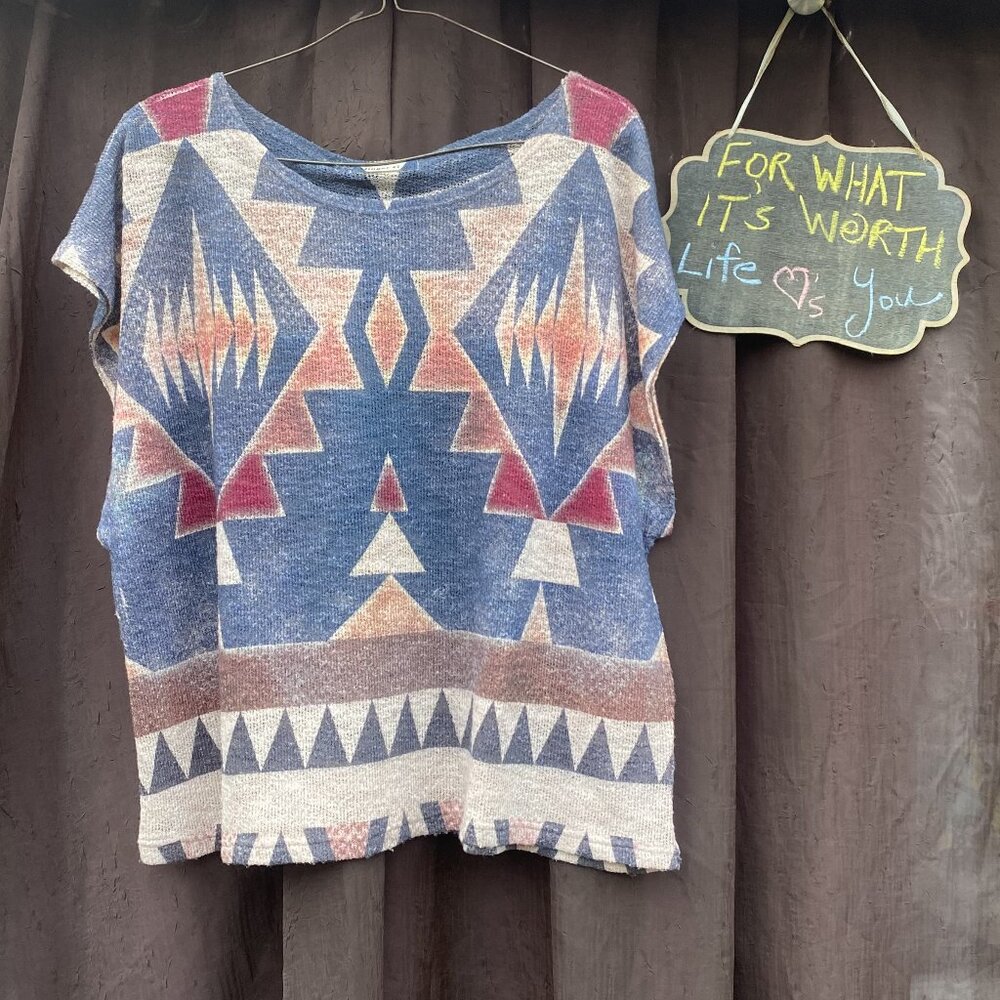 Ginger G Aztec Bohemian Blouse Knit Trim Pattern Top L